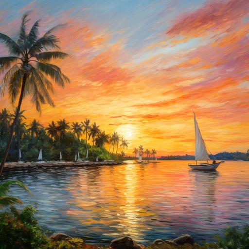 Marigot Bay during sunset by claude monet, palm trees, sailing boat, 8k
