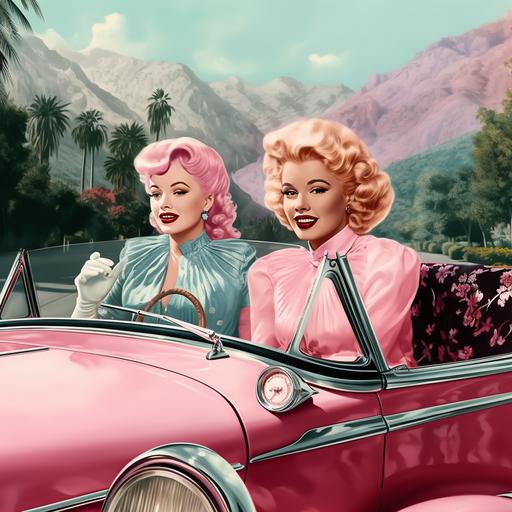 Marilyn Monroe and Lucille Ball riding in a pink convertible, in color, realistic, 4k