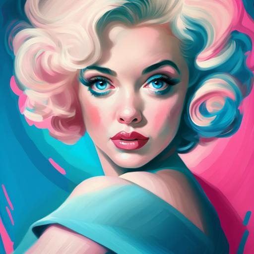 Marilyn Monroe as cartoon character, big eyes, blue and pink colors
