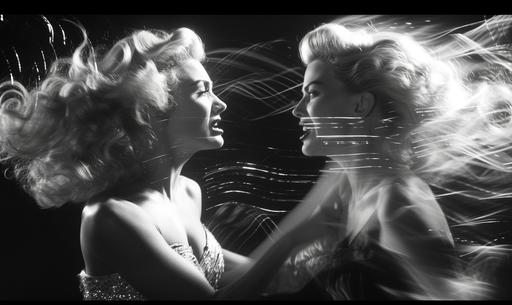 Marilyn Monroe punching Margot Robbie in the face, Luminogram starlet rage, professional photography --v 6.0 --ar 5:3