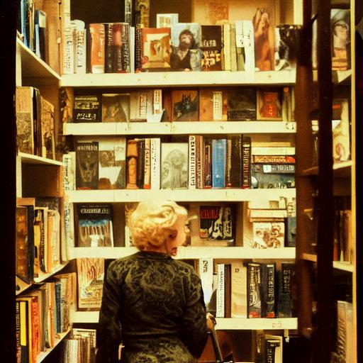 Marilyn Monroe wearing hunting jacket, pants, rubber boots, and fedora, browsing books in a used bookstore --test --creative --upbeta