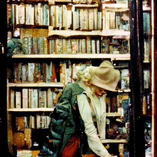 Marilyn Monroe wearing hunting jacket, pants, rubber boots, and fedora, browsing books in a used bookstore