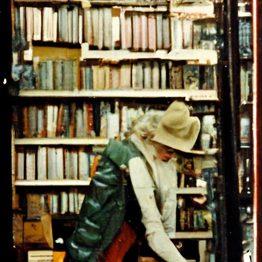 Marilyn Monroe wearing hunting jacket, pants, rubber boots, and fedora, browsing books in a used bookstore --uplight