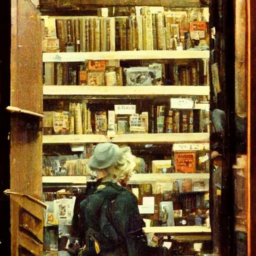 Marilyn Monroe wearing hunting jacket, pants, rubber boots, and fedora, browsing books in a used bookstore