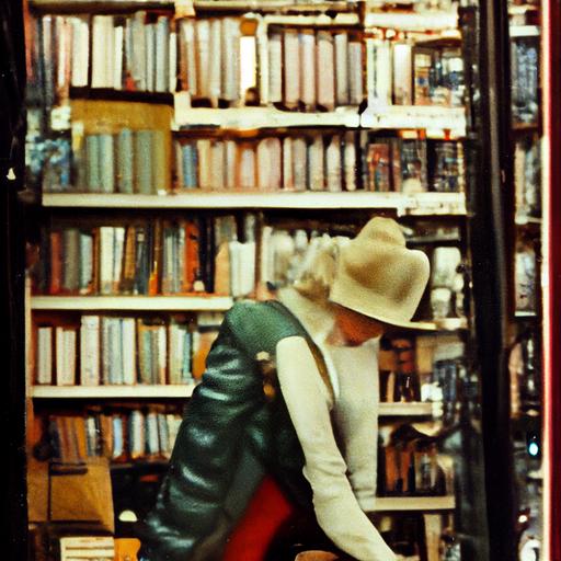 Marilyn Monroe wearing hunting jacket, pants, rubber boots, and fedora, browsing books in a used bookstore --upbeta