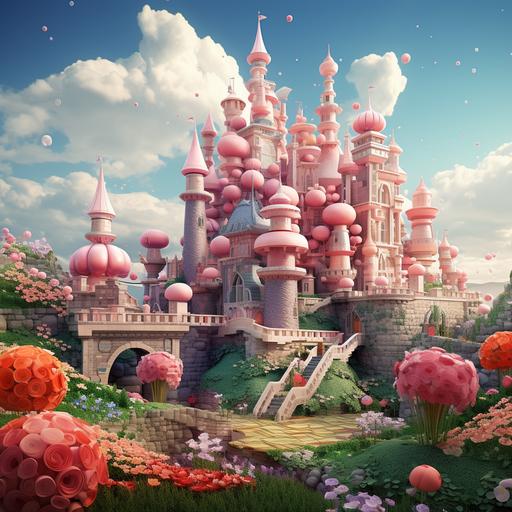 Mario with peach Princess, pink castle with lots of flowers