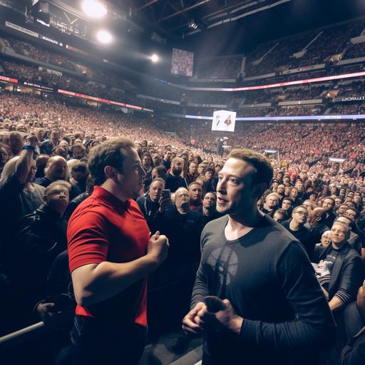 Mark zuckerberg vs Elon musk, UFC, fight, UFC arena, crowds chanting, footage by camera above the arena, --quality 2 --v 5.2
