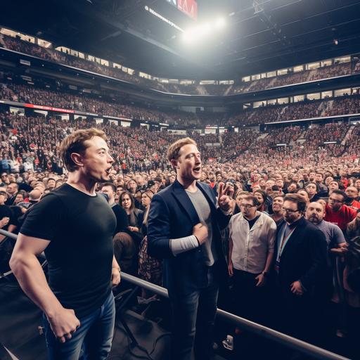 Mark zuckerberg vs Elon musk, UFC, fight, UFC arena, crowds chanting, footage by camera above the arena, --v 5.2