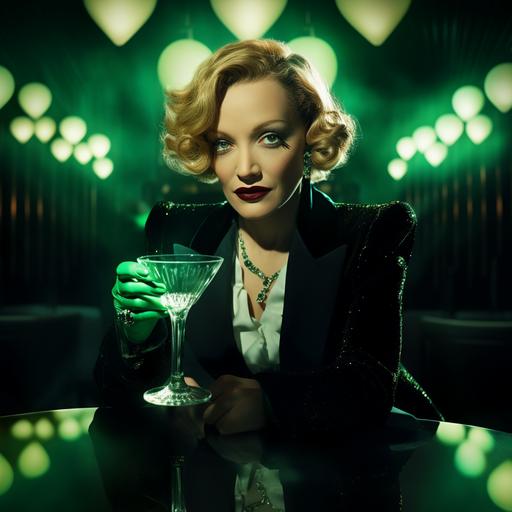 Marlene Dietrich in a tuxedo holding a green pill, nightclub, dark lighting, moody, cinematic, ultra realistic, sharp focus, art deco