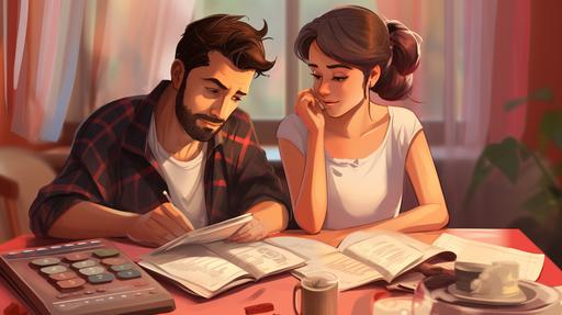 Married couple calculating household expenses while sitting around a table filled with bills, papers, and a calculator, in a cartoon style --ar 16:9