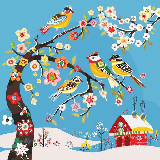 Martenitsa: a tradition held in March. the arrival of spring. birds and nature. cartoon. simple ar 4:5 --v 6.0 --s 50