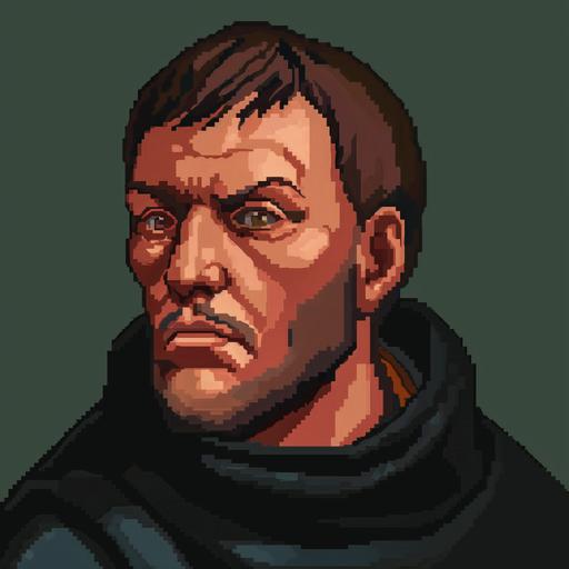Martin Luther 16th century german monk, Pixel portrait:: Isometric icon, middle resolution, relatively rich colors, orthodox 2D graphics, 1990s videogame art, Retro graphics