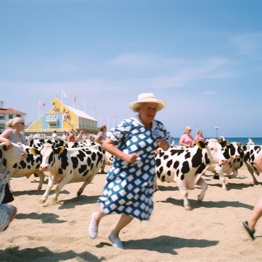 Martin Parr photo of cows running between people sunbathing at the beach