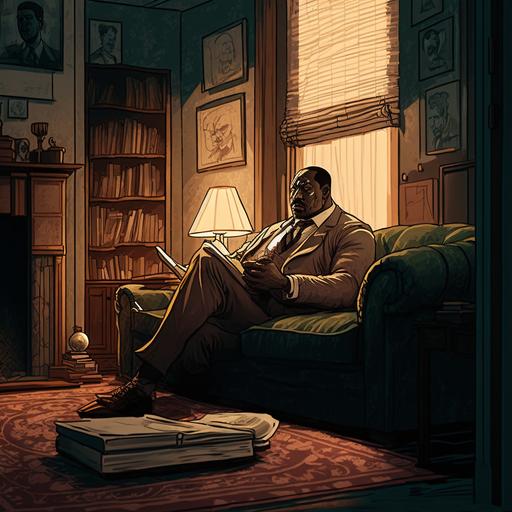 Martin luther king character sitting on couch with feet up, in homey lounge, we can see the entire room, in ukiyo-e style, very detailed, cinematic lighting, warm colors, lots of details