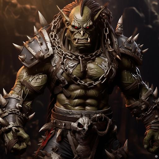 , Marvels Abomination and the yautja predator mixed with a DnD Pathfinder Warhammer male Orc warlord covered in chains and padlocks, muscular and veins, metal jaw, tattos, intricate tribal hair style, dark black skin, glowing red eyes, hundreds of thick and intricate and hyper detailed chains wrapped around his body, huge sharp tusk teeth, huge clawed hands, glowing eyes, unreal engine, photo realistic, cinematic fantasy background, full body action battle pose