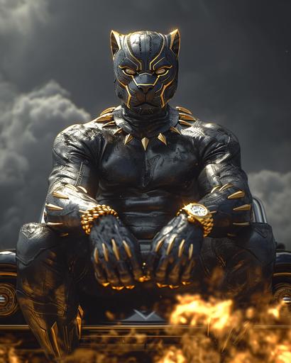 Marvel's Hyperealistic, super realistic image of Marve's The Black Panther sitting on top of drop car with gold rims gold cuban link and diamon watch, 3d animated --ar 8:10 --c 6 --w 2 --s 450 --no boba tea --v 6.0
