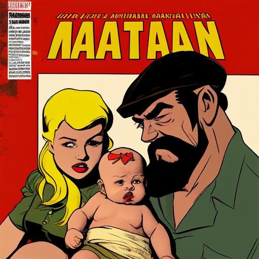 Marxist fighters, mam, dad, and daughter, comic book cover for babies, abstract
