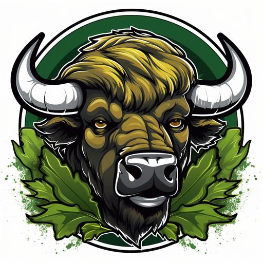 Mascot logo:A buffalo's head with a puck-shaped cannabis leaf below. Hockey sticks crossed behind the buffalo's head.