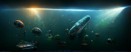 Subnautica eco town,sea floor dappled light beams,fish sea life, advanced submarines,ultra detailed, hyper realism, photo, octane render, --ar 3:1
