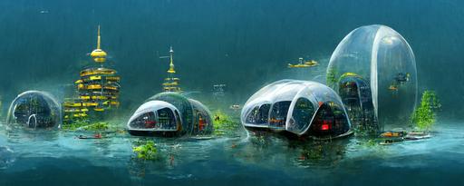 eco town under water, bright domes buildings inside, feng zhu concept art,Life below water, advanced transport submarines,  --ar 3:1