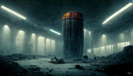 Massive concrete room with large concrete cylinder, that has a glowing window, in the center, volumetric, retro, sci-fi, gloomy, 4k, realism, dark and gloomy, concept art --ar 16:9 --quality 2