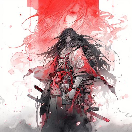 Red and white watercolor with black ink drawing of an anime long haired samurai. character portrait, Feudal Japan, sunset, clouds, looking at camera, elaborate detail, Dramatic lighting, vibrant colors, Epic composition, forced perspective, cinematic landscape, Ghost in the Shell, Cyberpunk, Appleseed, by Artist Masamune Shirow, --niji 5