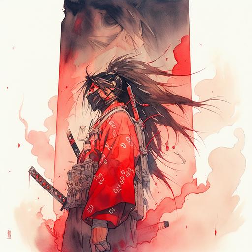 Red and white watercolor with black ink drawing of an anime long haired samurai. character portrait, Feudal Japan, sunset, clouds, looking at camera, elaborate detail, Dramatic lighting, vibrant colors, Epic composition, forced perspective, cinematic landscape, Ghost in the Shell, Cyberpunk, Appleseed, by Artist Masamune Shirow, --niji 5