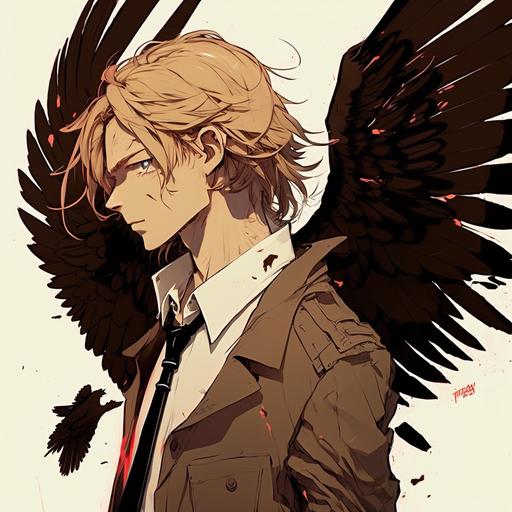a young man with large brown angel-like wings on his back, the man is looking towards the camera, he has long dirty blonde hair, simple background, in the style of Persona 5, Shigenori Soejima, anime style