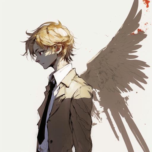 a young man with large brown angel-like wings on his back, the man is looking towards the camera, he has long dirty blonde hair, simple watercolor background, in the style of Persona 5, Shigenori Soejima