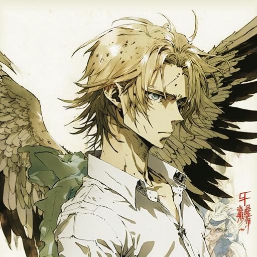 a young man with large brown angel-like wings on his back, the man is looking towards the camera, he has long dirty blonde hair, simple watercolor background, Shigenori Soejima