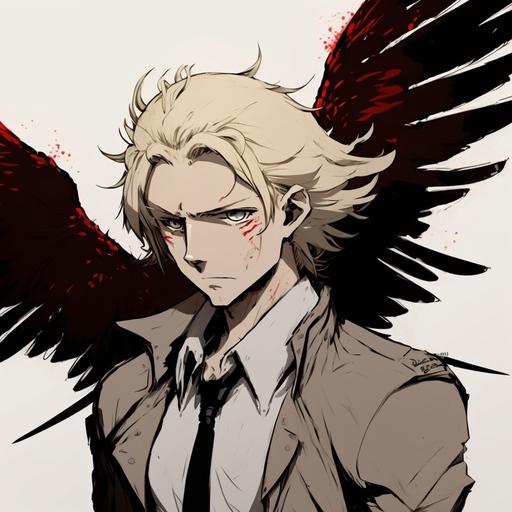 a young man with large brown angel-like wings on his back, the man is looking towards the camera, he has long dirty blonde hair, simple background, in the style of Persona 5, Shigenori Soejima, anime style