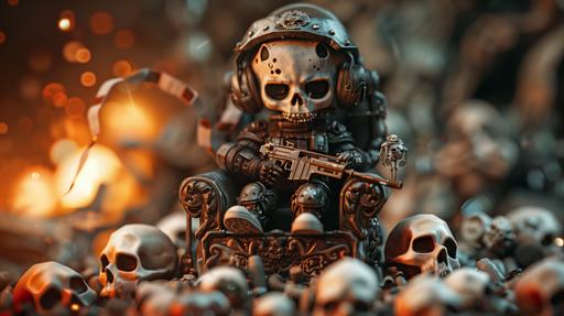 Master tilt-shift low angle shot: Diorama of statue modern call of dutty solder combat brave trooper warrior holding an LMG mashinegun fire nozzle flash with a ribbon of ammo hanging down he is sitting on a throne of skulls bones and weapons armour, miniature chibi character in the style of Pixar cartoons. heroic scream expression on faces, cinematic volumetric light, lumen shadows, monochromatic color scheme, concept art, cold and warm color balance, cinematic color grade, cold and warm color balance, --ar 16:9 --v 6.0 --style raw