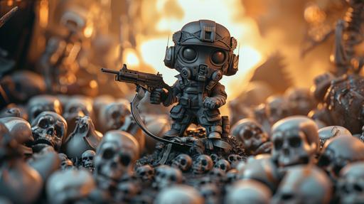 Master tilt-shift low angle shot: Diorama of statue modern call of dutty solder combat brave trooper warrior holding an LMG mashinegun with a ribbon of ammo hanging down he is sitting on a throne of skulls bones and weapons armour, miniature chibi character in the style of Pixar cartoons. heroic scream expression on faces, cinematic volumetric light, lumen shadows, monochromatic color scheme, concept art, cold and warm color balance, cinematic color grade, cold and warm color balance, --ar 16:9 --v 6.0 --style raw