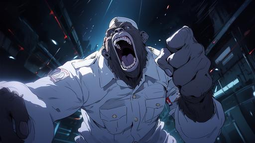 Masterpeice, screaming gorilla wearing united states navy enlisted whites, dynamic back-turned pose, full body view, cell shading, 2D, HD, Ultra detailed anime art style, cinematic still, movie still, movie scene, --ar 16:9 --niji 5