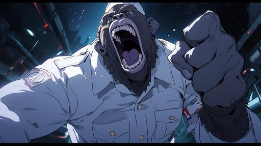 Masterpeice, screaming gorilla wearing united states navy enlisted whites, dynamic back-turned pose, full body view, cell shading, 2D, HD, Ultra detailed anime art style, cinematic still, movie still, movie scene, --ar 16:9 --niji 5