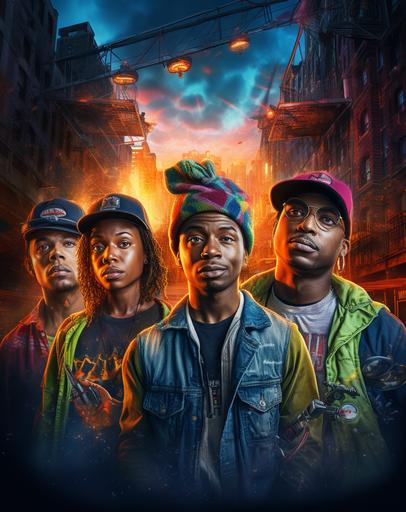 ((Masterpiece)), (((best quality))), 8k, high detailed, ultra-detailed, Merge poster for street crew, Hilo, and picture of the ginny ritter sevenday wonders with 4-5 black men and New York City backdrop, vibrant color-blocking, night photography, conceptual portraiture, absinthe culture, sony fe 12-24mm f/2.8 gm lens effect, digitally enhanced, rainbow core, handsome, colorful costumes, pop colorism, frogcore, spiral group, retro charm, studio light --ar 34:43