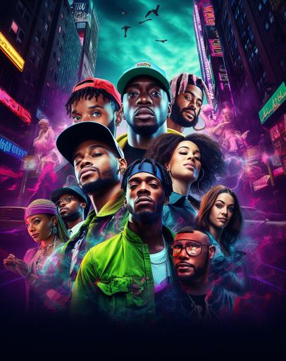 ((Masterpiece)), (((best quality))), 8k, high detailed, ultra-detailed, Merge poster for street crew, Hilo, and picture of the ginny ritter sevenday wonders with 4-5 black men and New York City backdrop, vibrant color-blocking, night photography, conceptual portraiture, absinthe culture, sony fe 12-24mm f/2.8 gm lens effect, digitally enhanced, rainbow core, handsome, colorful costumes, pop colorism, frogcore, spiral group, retro charm, studio light --ar 34:43