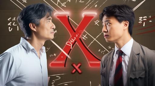 Math genius vs physics genius, asians, big letter X behind sence, --ar 16:9