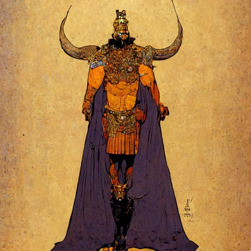 ancient greek evil king by moebius and laika, full body character design, bull element in costume