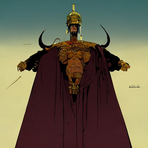 ancient greek evil king by moebius and laika, full body character design, bull element in costume