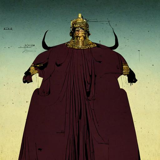 ancient greek evil king by moebius and laika, full body character design, bull element in costume