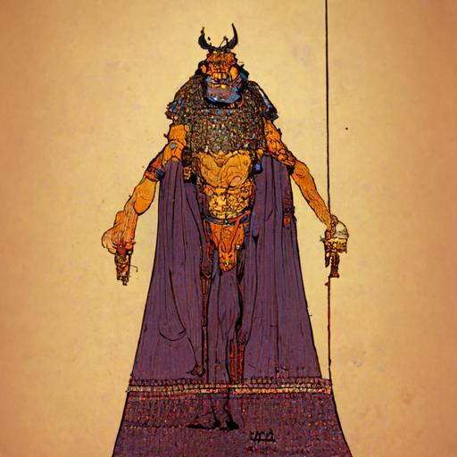 ancient greek evil king by moebius and laika, full body character design, bull element in costume