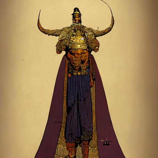 ancient greek evil king by moebius and laika, full body character design, bull element in costume