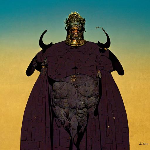 ancient greek evil king by moebius and laika, full body character design, bull element in costume