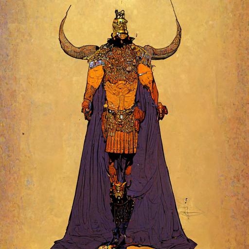 ancient greek evil king by moebius and laika, full body character design, bull element in costume