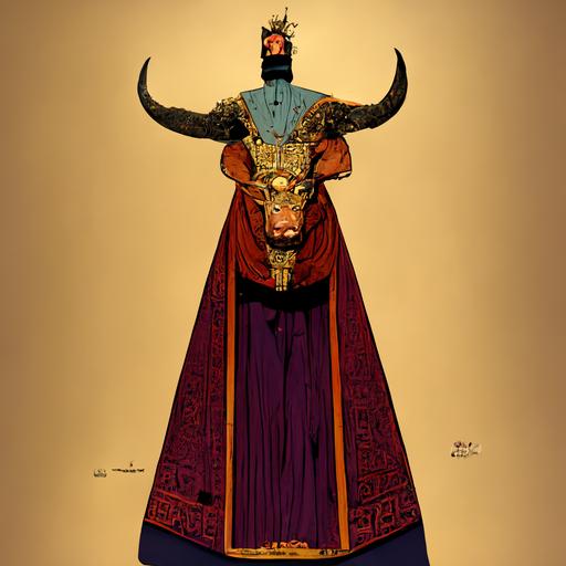 ancient greek evil king by moebius and laika, full body character design, bull element in costume