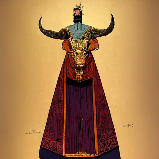 ancient greek evil king by moebius and laika, full body character design, bull element in costume