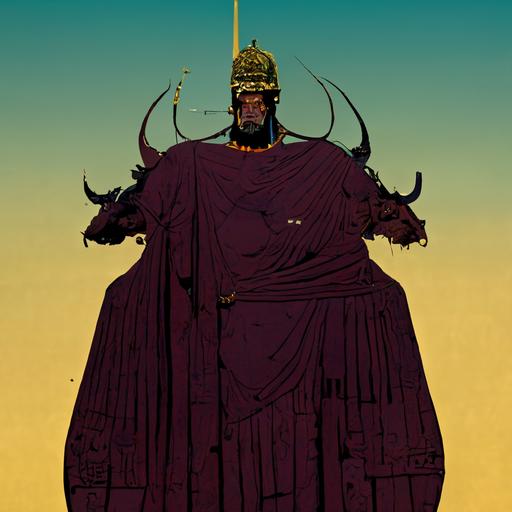 ancient greek evil king by moebius and laika, full body character design, bull element in costume