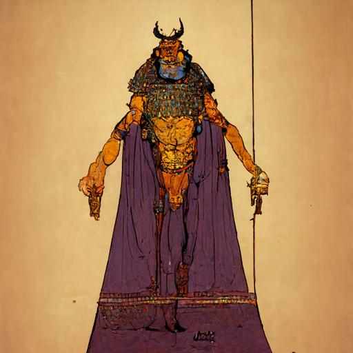 ancient greek evil king by moebius and laika, full body character design, bull element in costume