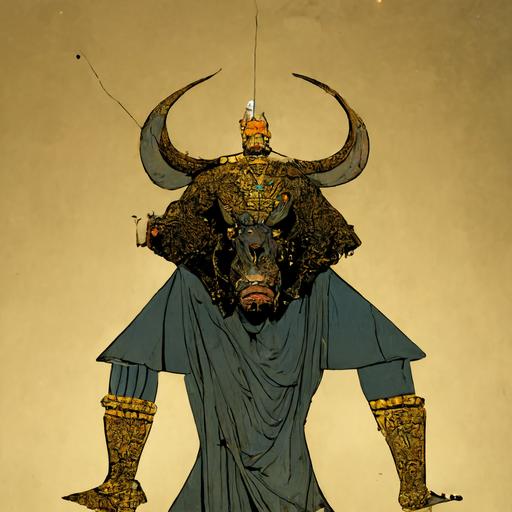 ancient greek evil king by moebius and laika, full body character design, bull element in costume